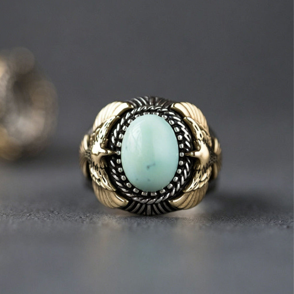 925 Sterling Silver Ring with Turquoise and Eagle Feather Motif