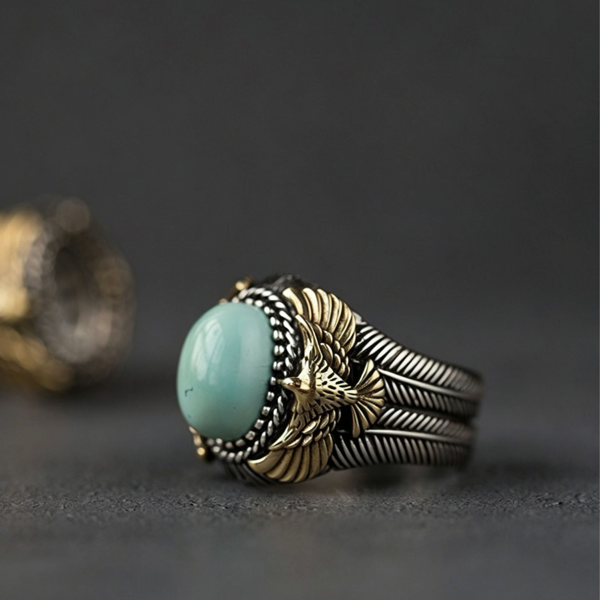 925 Sterling Silver Ring with Turquoise and Eagle Feather Motif