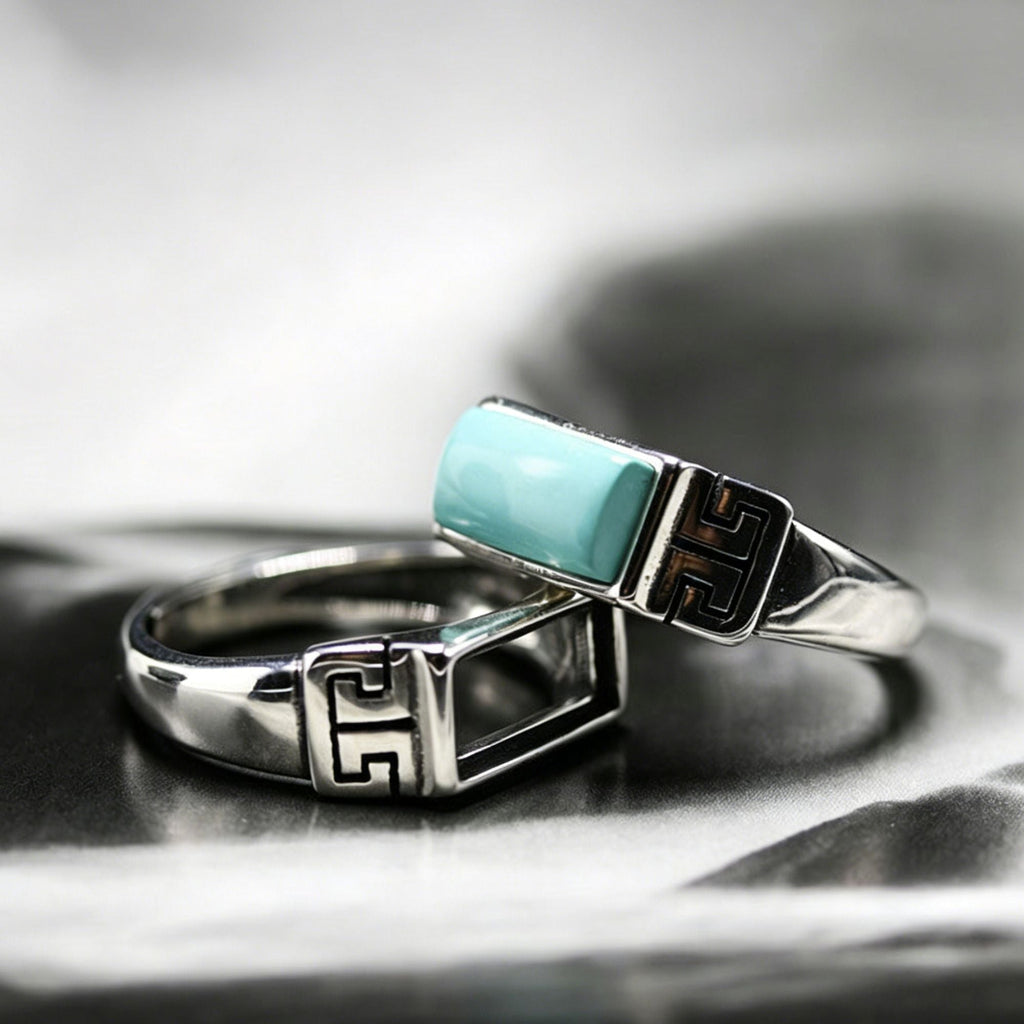 925 Sterling Silver Ring with Rectangular Turquoise and Greek Key