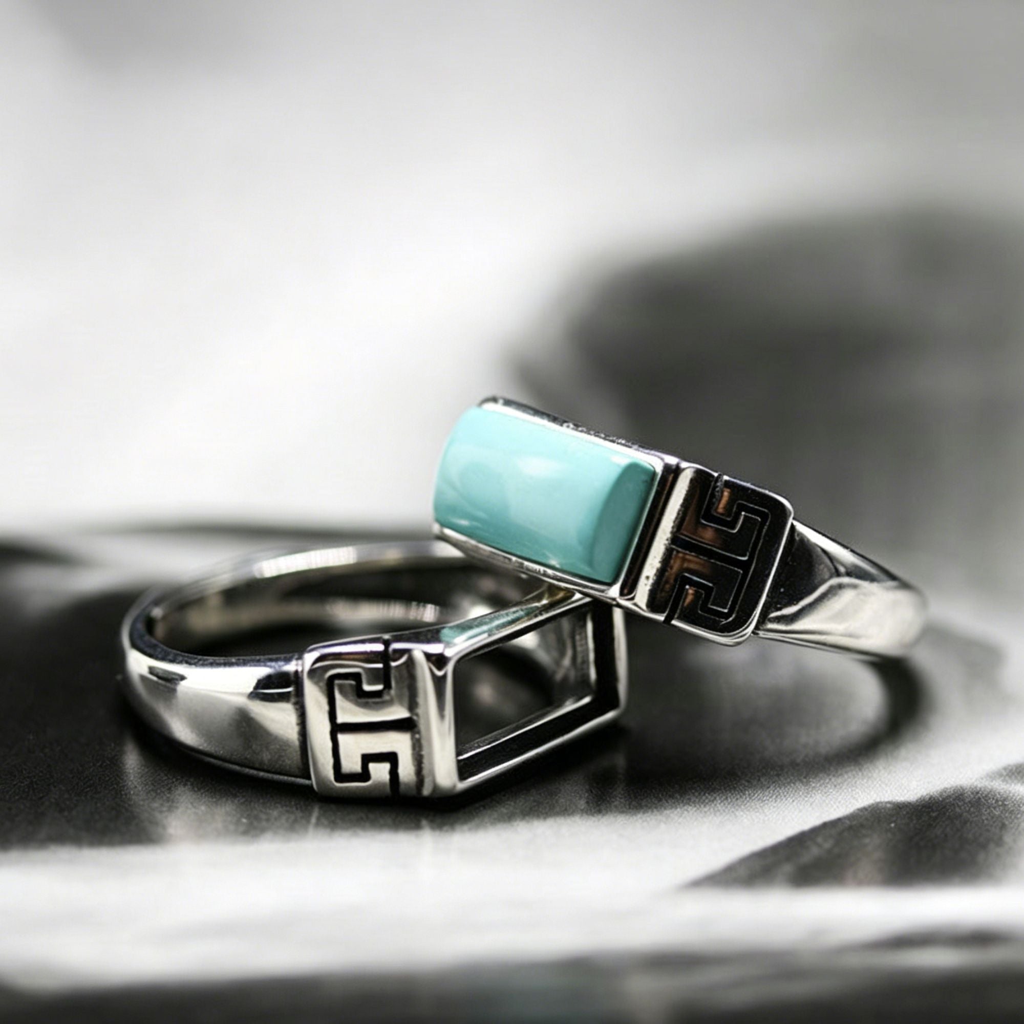 925 Sterling Silver Ring with Rectangular Turquoise and Greek Key