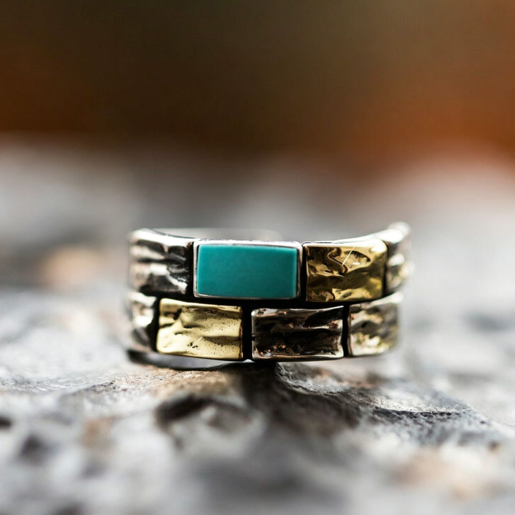 925 Sterling Silver Ring with Rectangular Turquoise and Copper Accent