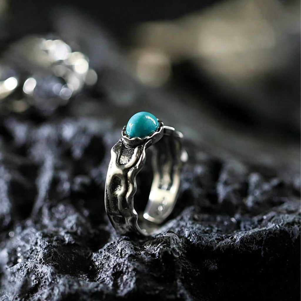 Antiqued Open Band Turquoise 925 Sterling Silver Ring