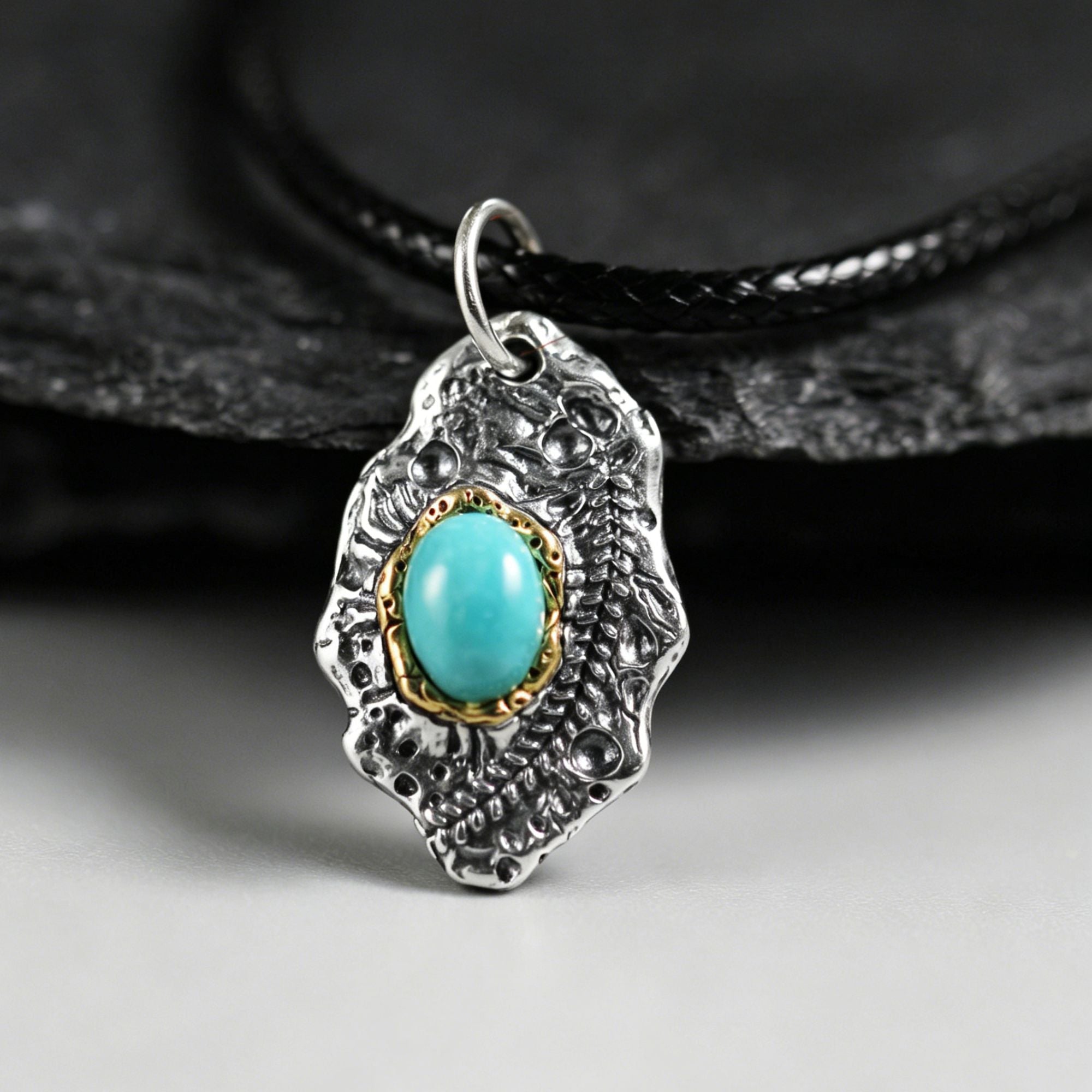 Two Tone Turquoise Cabochon 925 Sterling Silver Pendant