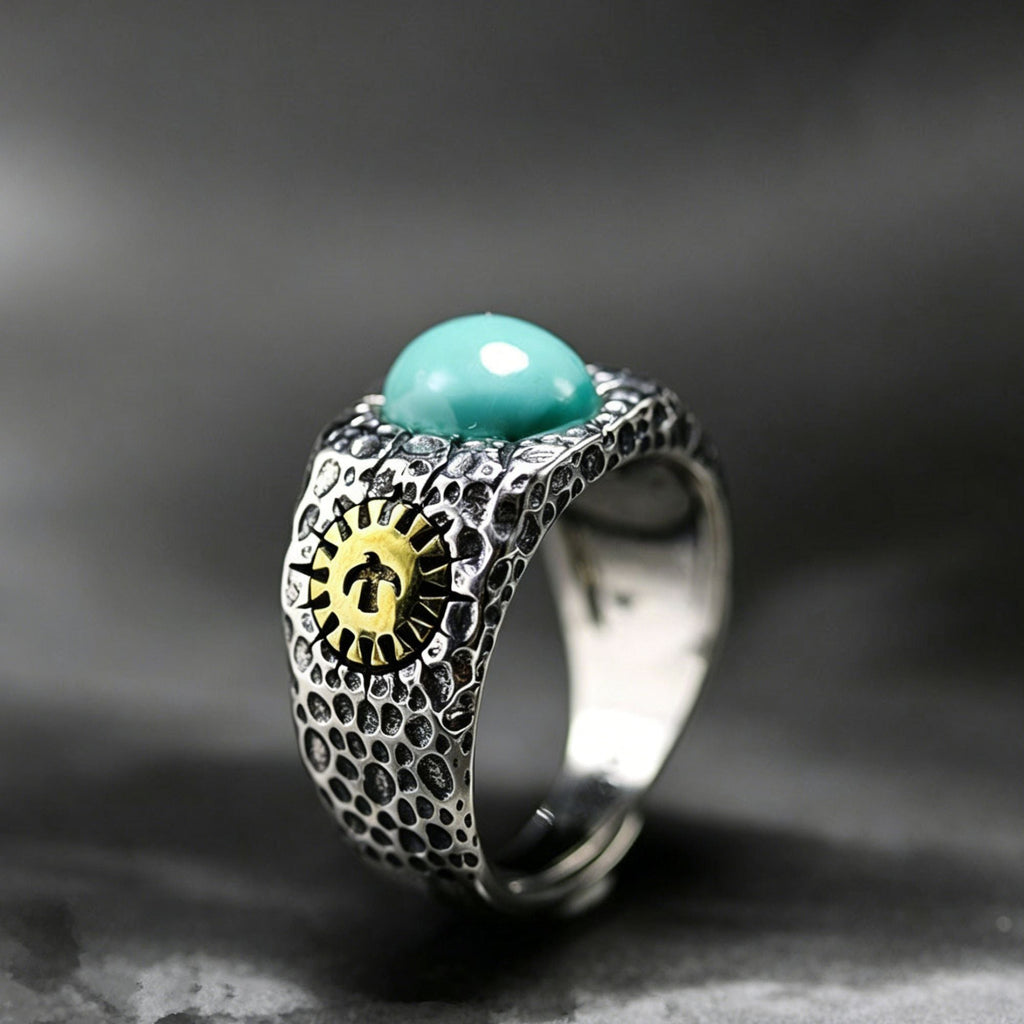 Oval Turquoise Copper Sun Accent 925 Sterling Silver Ring