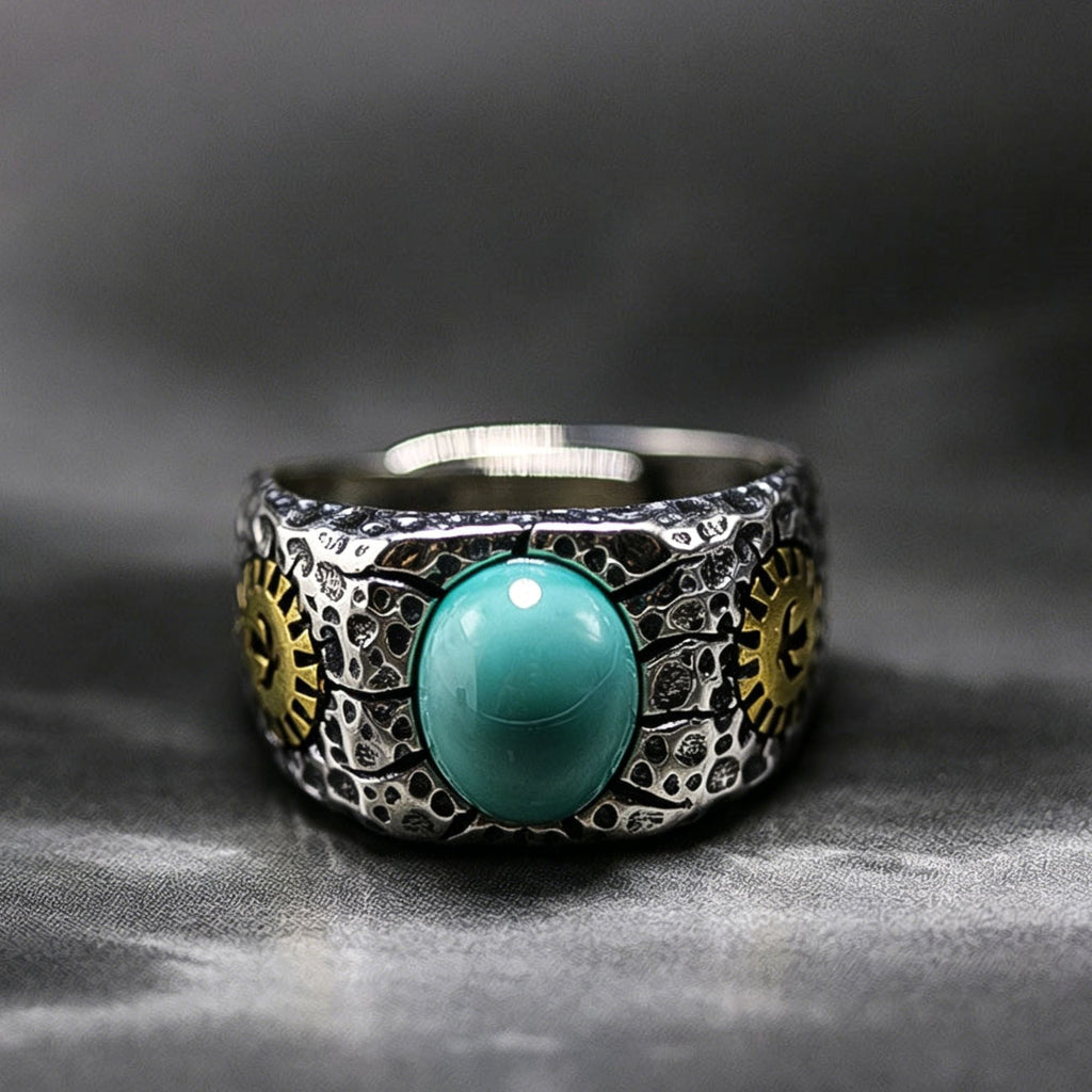 Oval Turquoise Copper Sun Accent 925 Sterling Silver Ring
