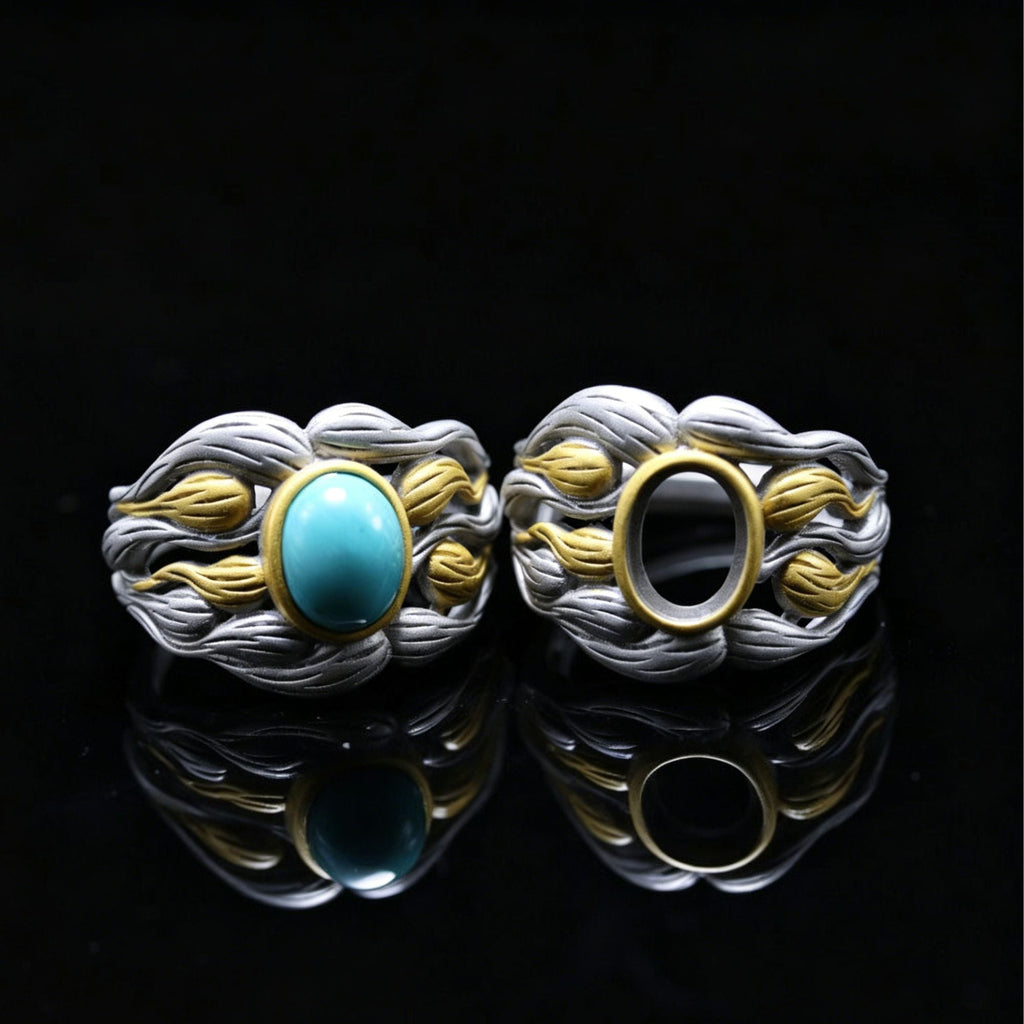 Oval Turquoise Copper Feather 925 Sterling Silver Ring