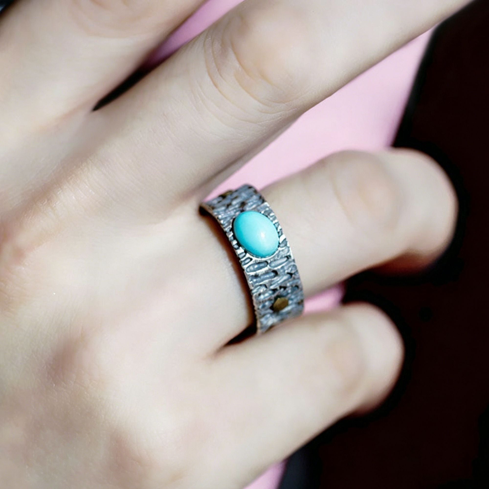 925 Sterling Silver Ring with Oval Turquoise and Copper Dot Accent