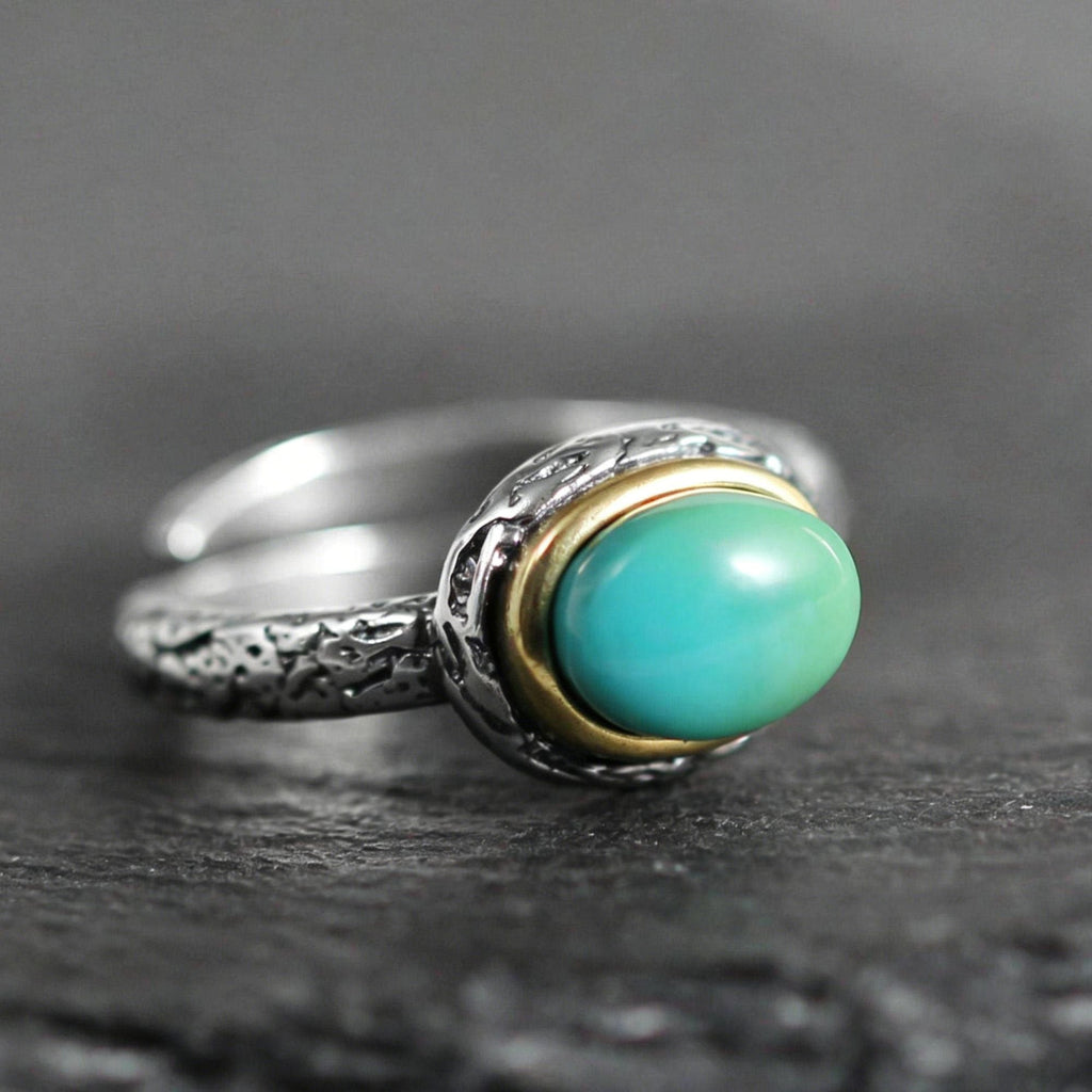 Oval Turquoise Copper Bezel 925 Sterling Silver Ring