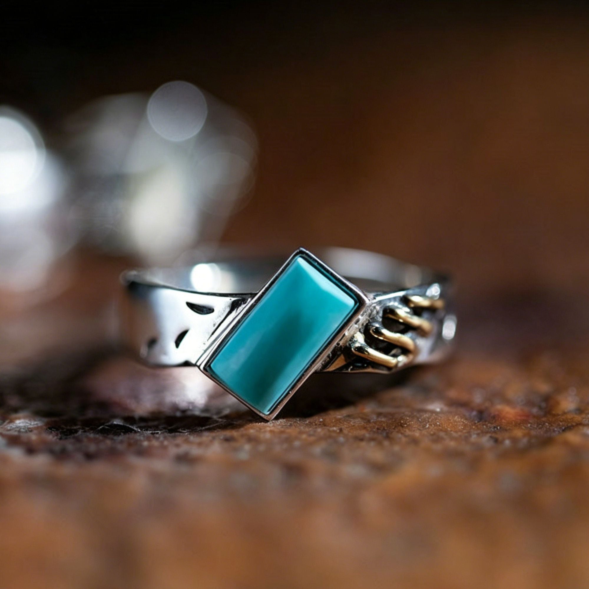 925 Sterling Silver Ring with Geometric Turquoise and Cutout Detail