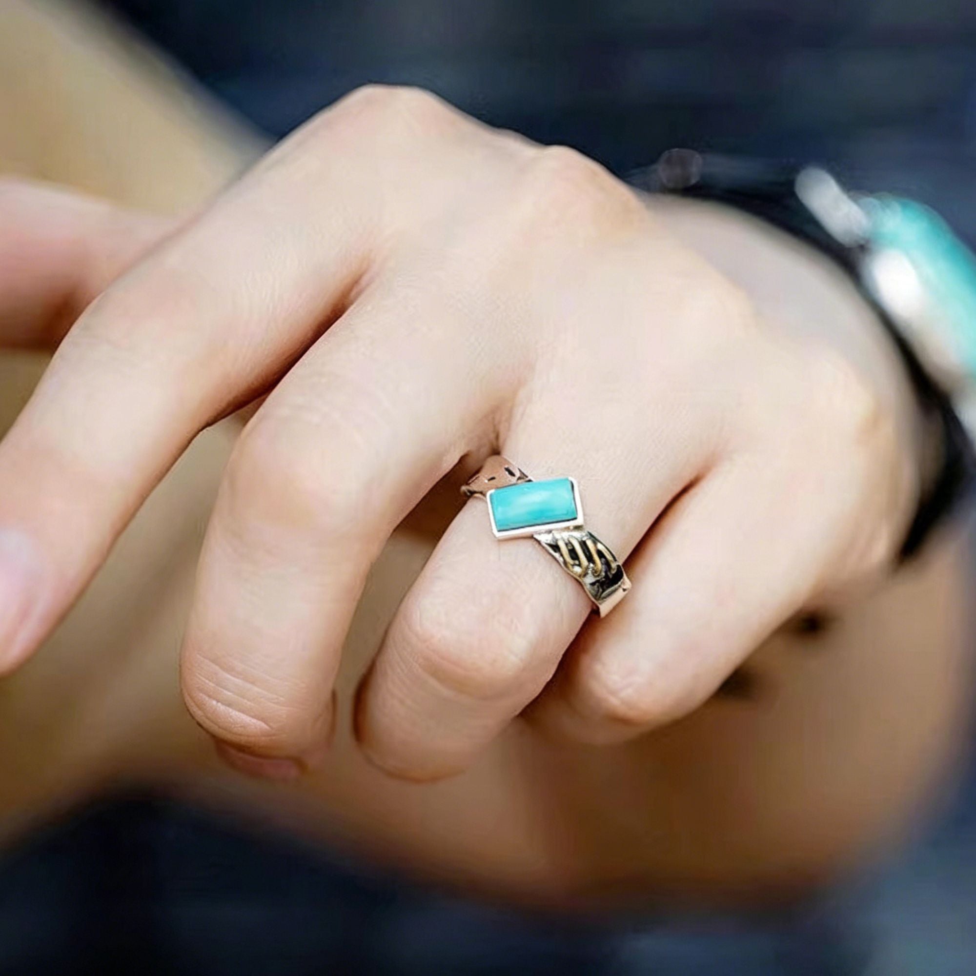925 Sterling Silver Ring with Geometric Turquoise and Cutout Detail