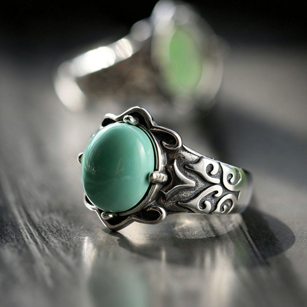 Round Turquoise Tribal Swirl 925 Sterling Silver Ring