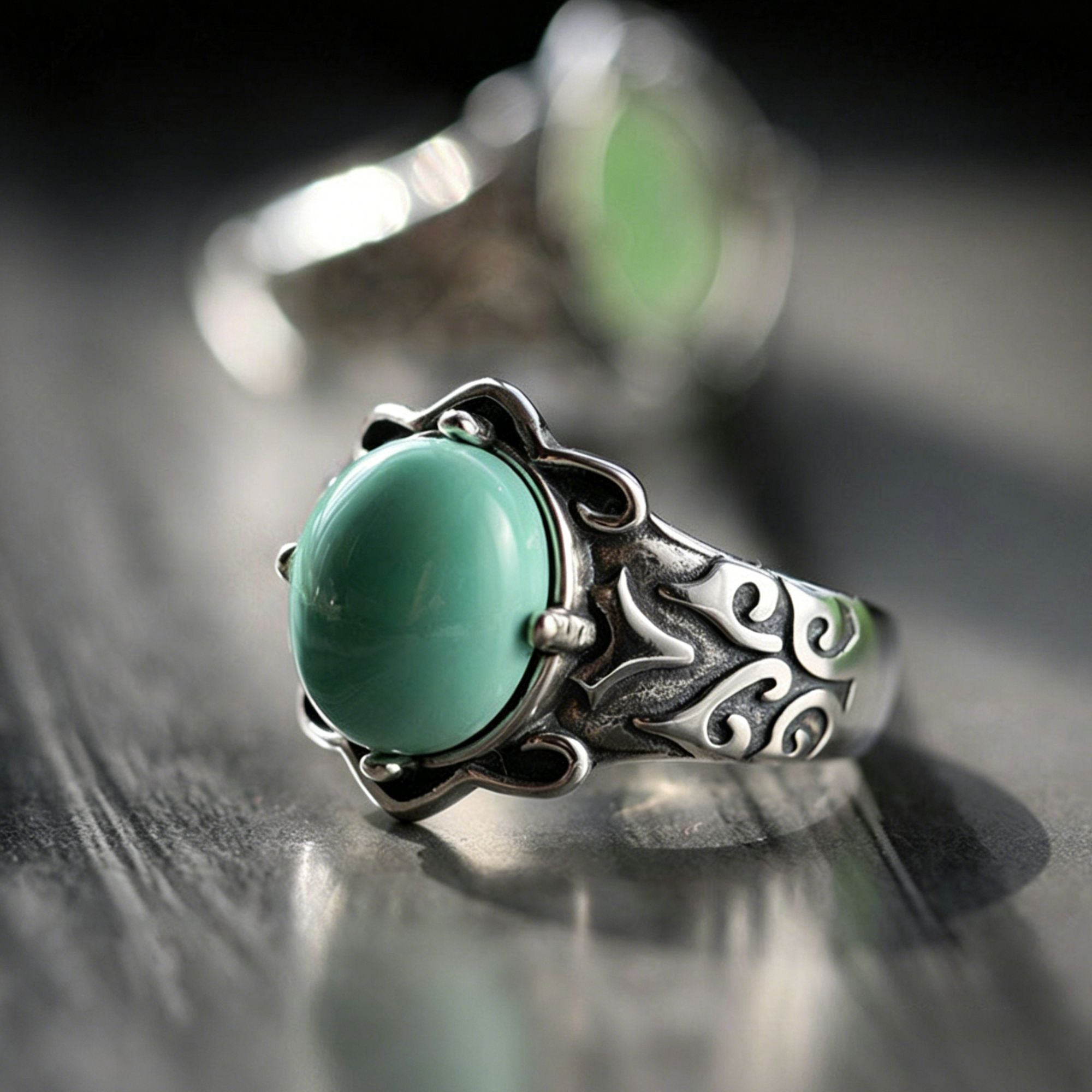 Round Turquoise Tribal Swirl 925 Sterling Silver Ring