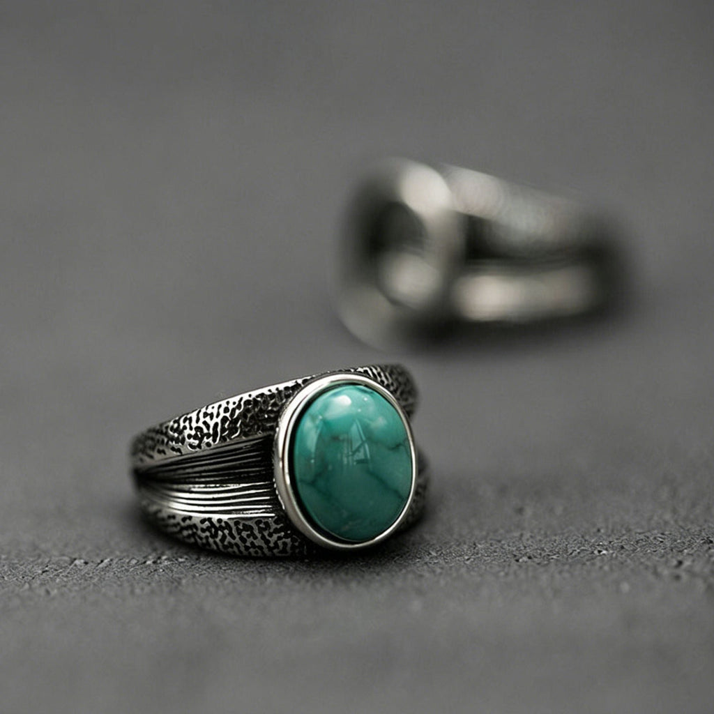 Textured Bark Turquoise Band 925 Sterling Silver Ring