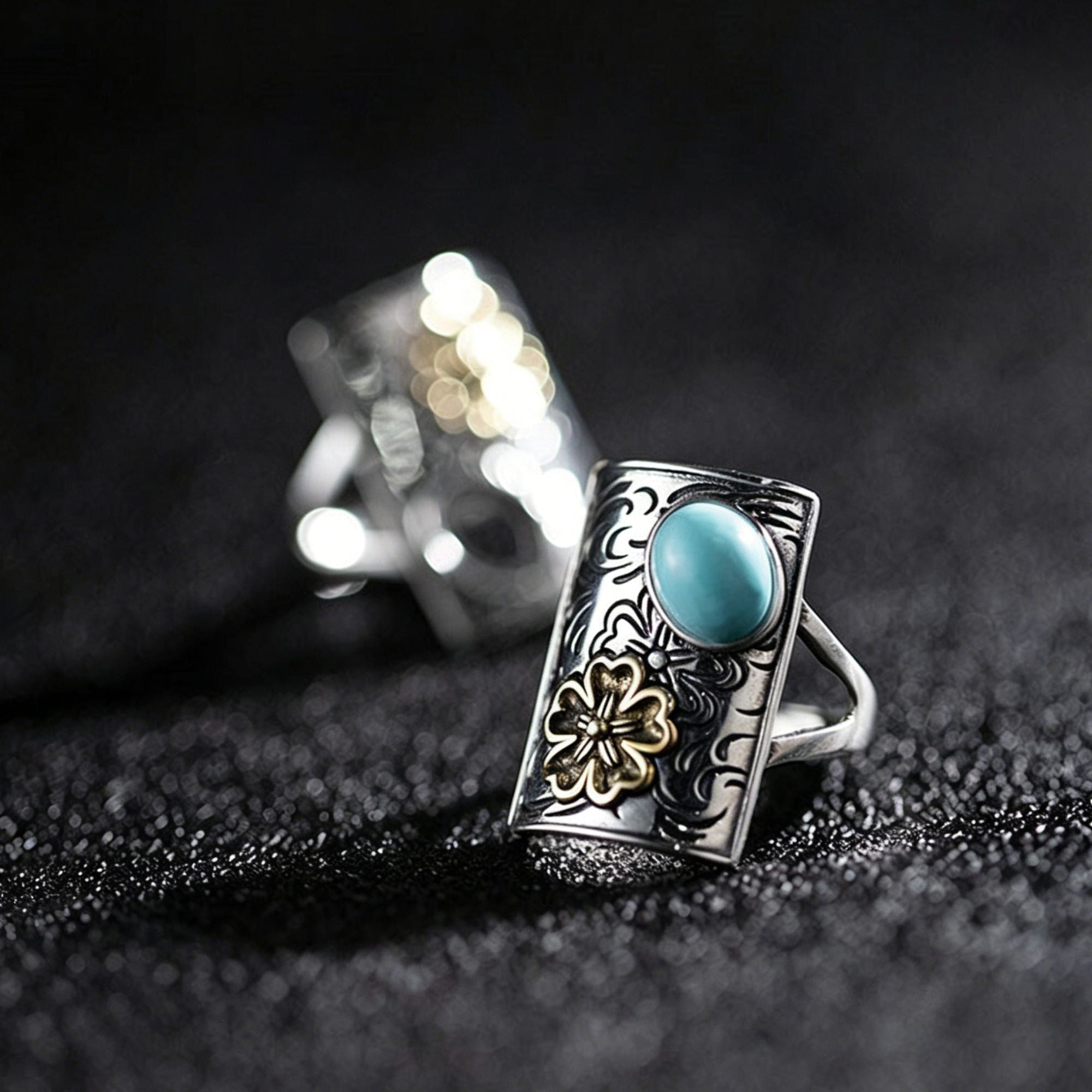 Antiqued Scrollwork Turquoise 925 Sterling Silver Ring