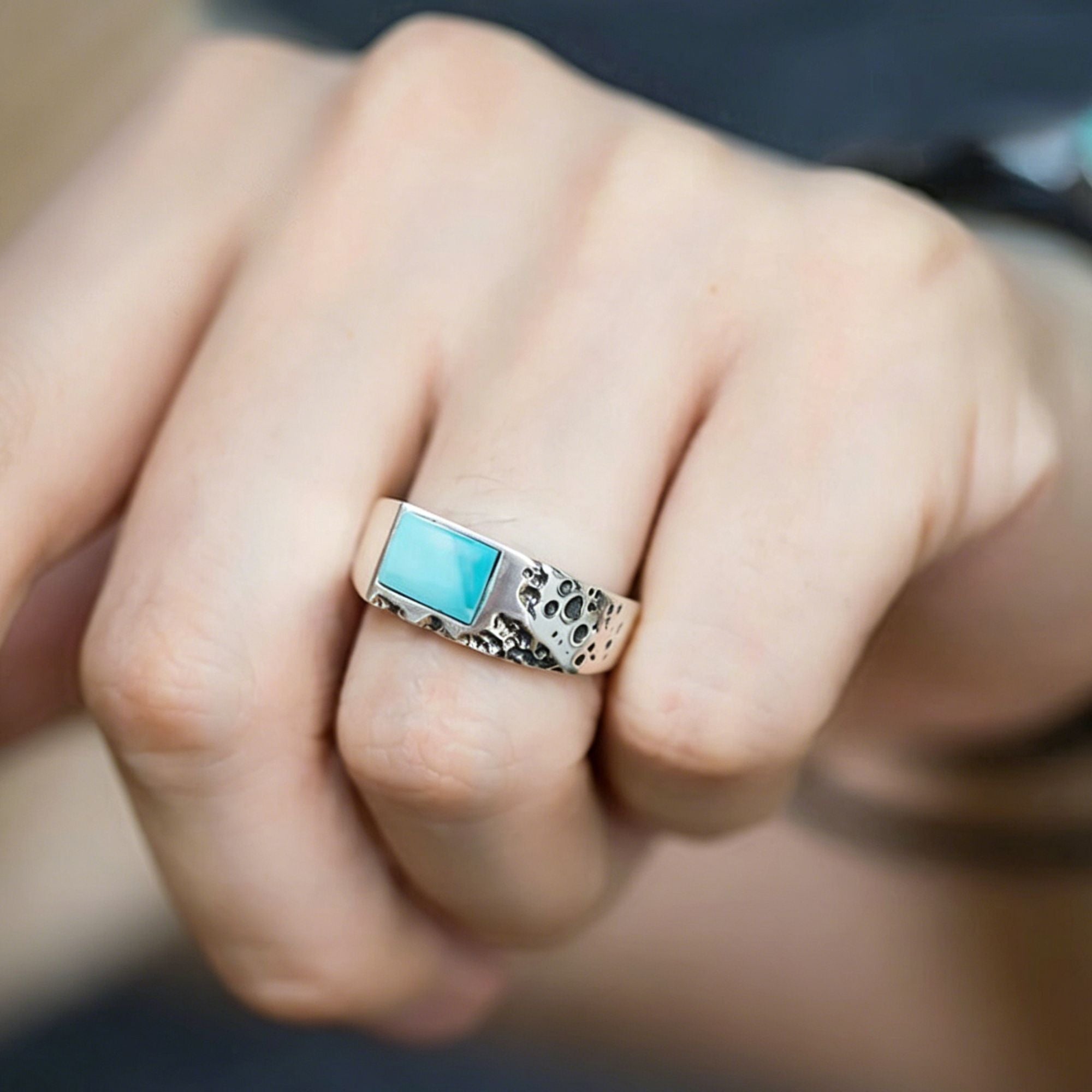 925 Sterling Silver Ring with Modernist Textured Turquoise Band