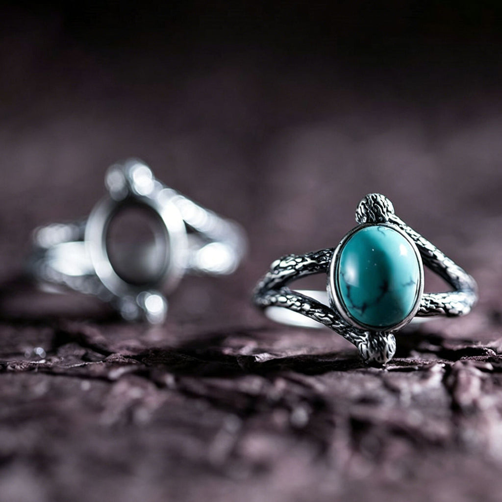 925 Sterling Silver Ring with Oval Matrix Turquoise and Twig Band