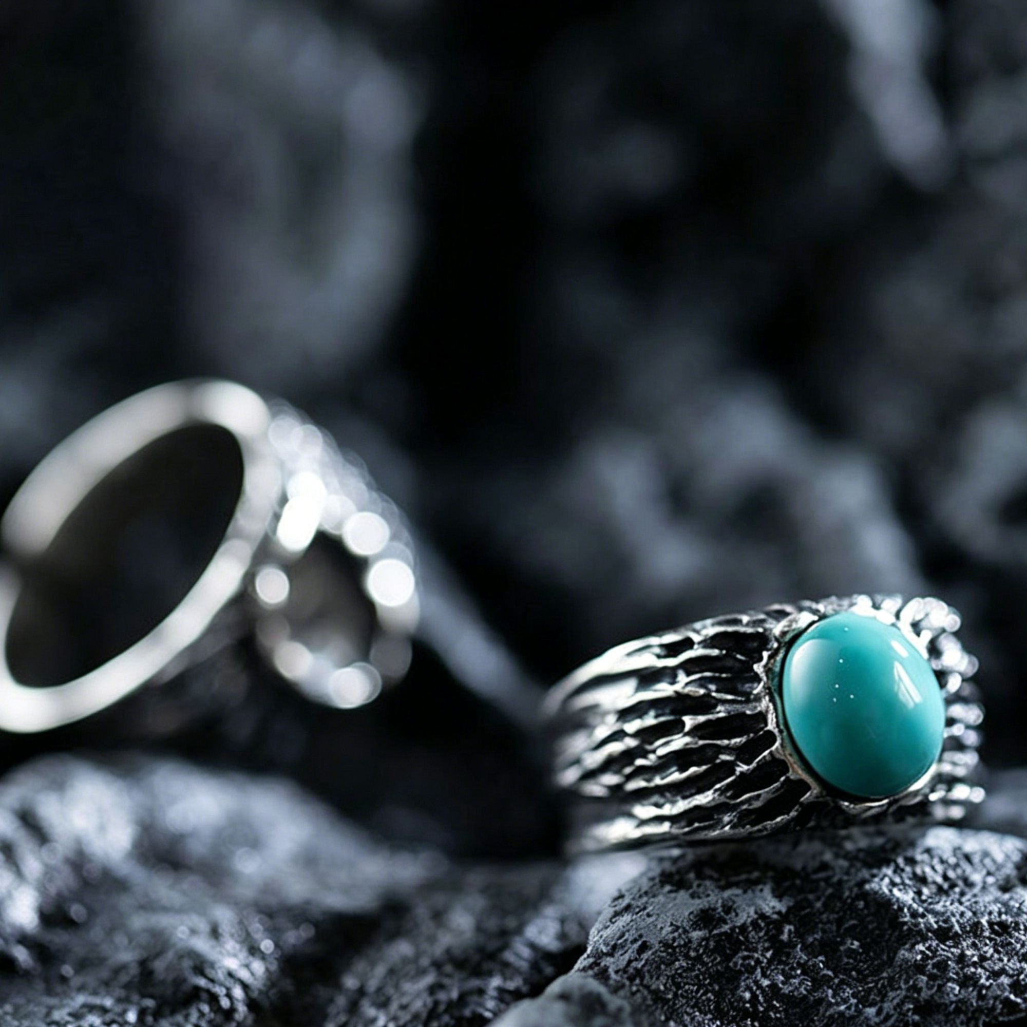 Natural Turquoise Tree Bark Texture 925 Sterling Silver Ring