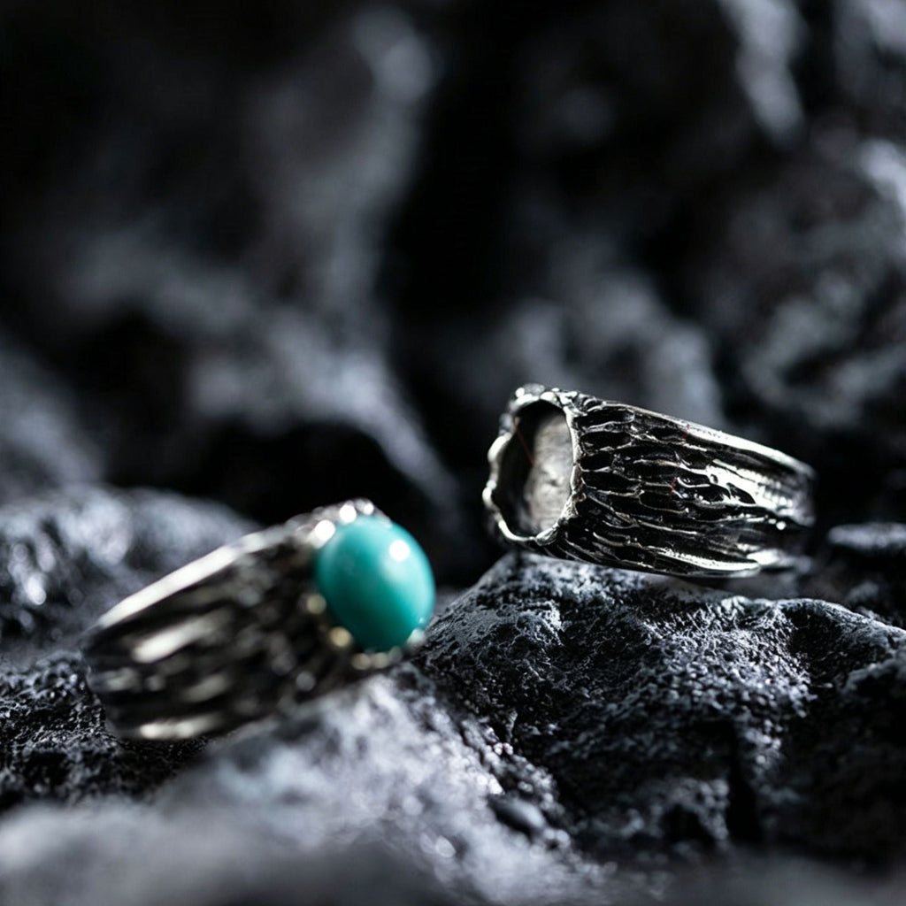 Natural Turquoise Tree Bark Texture 925 Sterling Silver Ring