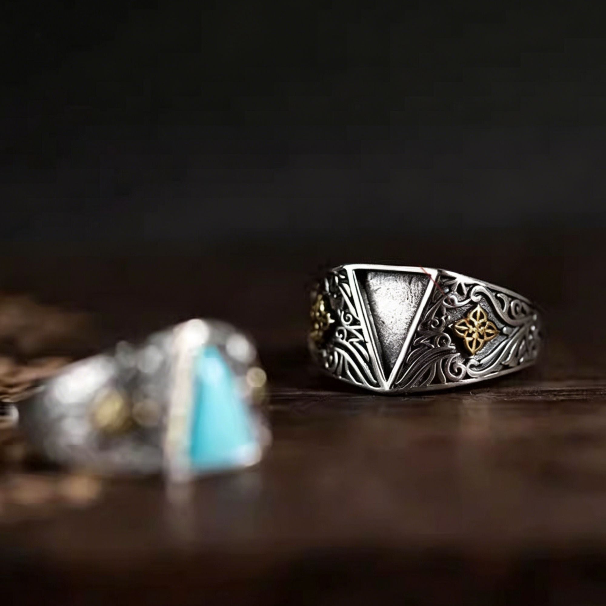 Floral Accent Two-Tone Turquoise Band 925 Sterling Silver Ring
