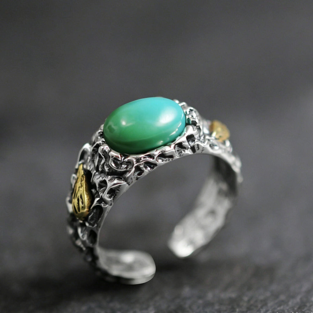 925 Sterling Silver Ring with Antiqued Volcanic Texture Turquoise Statement