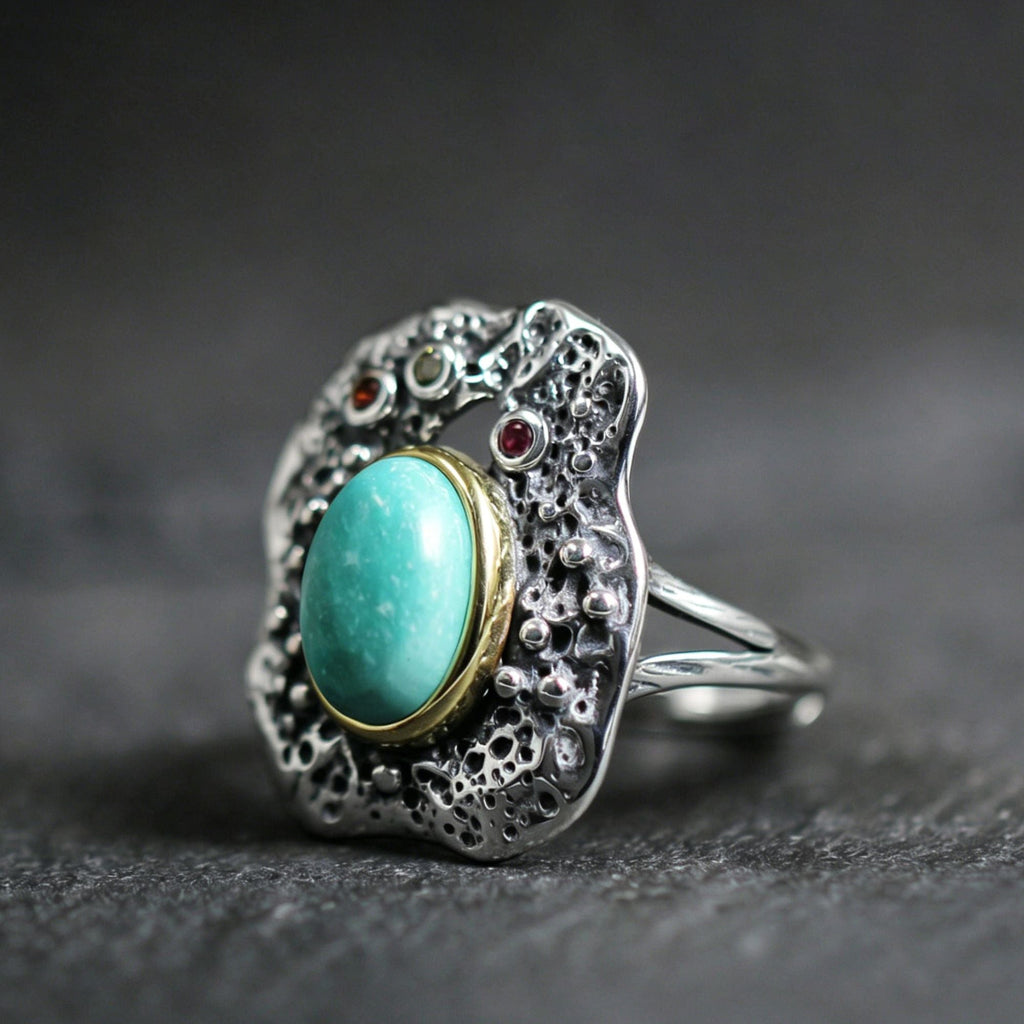 Antiqued Lava Texture Turquoise Statement 925 Sterling Silver Ring