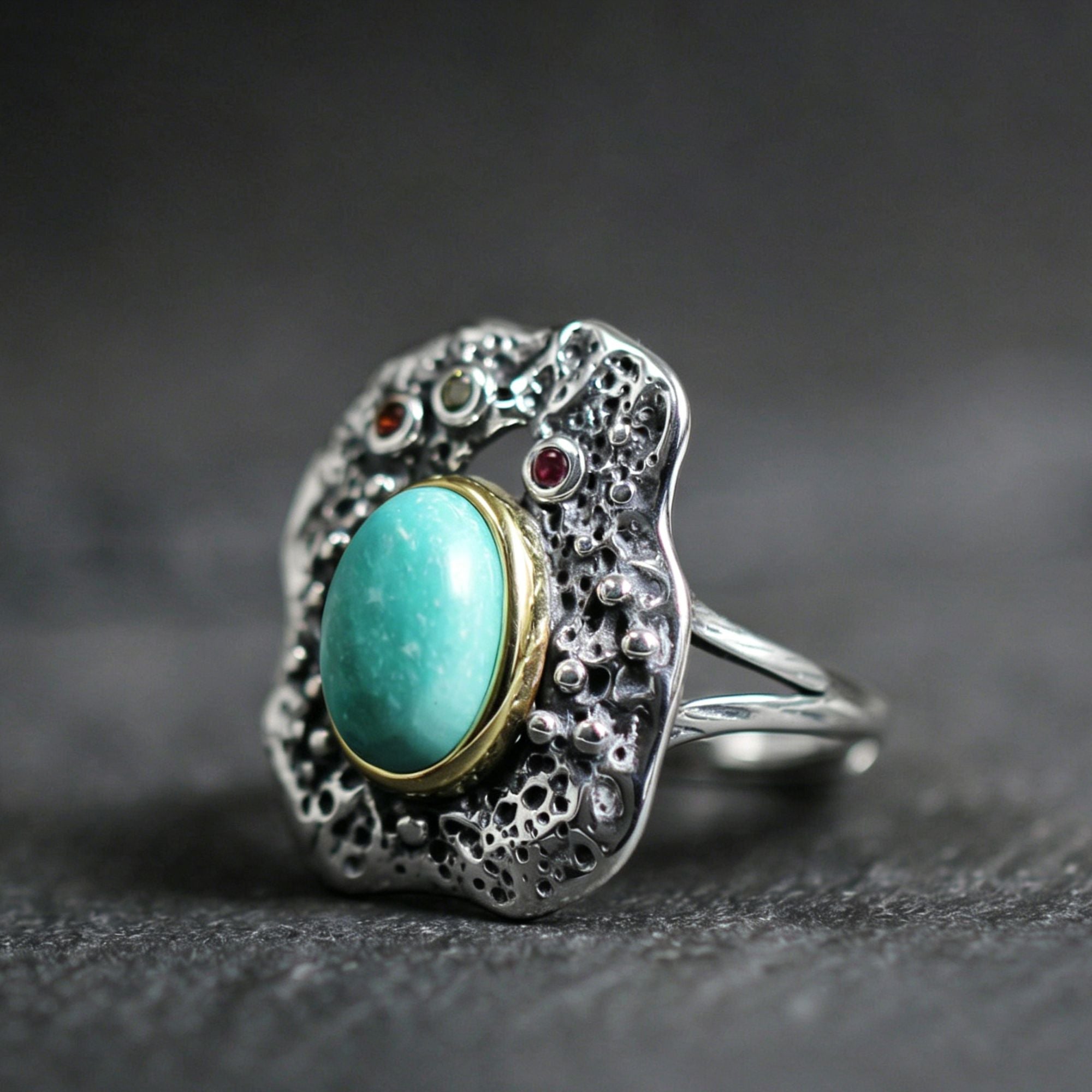 Antiqued Lava Texture Turquoise Statement 925 Sterling Silver Ring