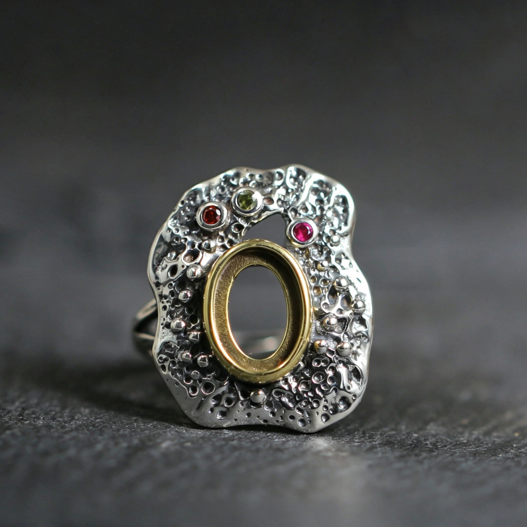 Antiqued Lava Texture Turquoise Statement 925 Sterling Silver Ring