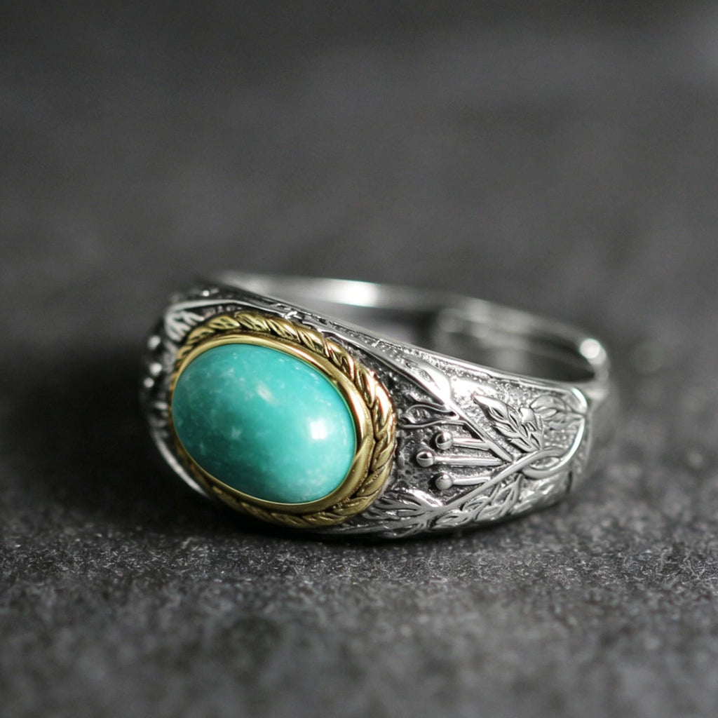 925 Sterling Silver Ring with Antiqued Floral Engraved Turquoise Statement