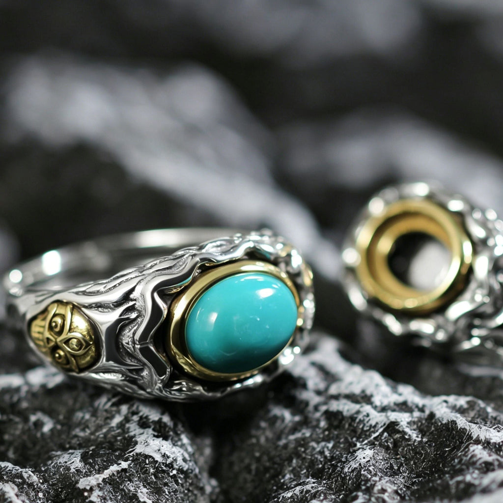 925 Sterling Silver Ring with Antiqued Gothic Flame Turquoise Statement