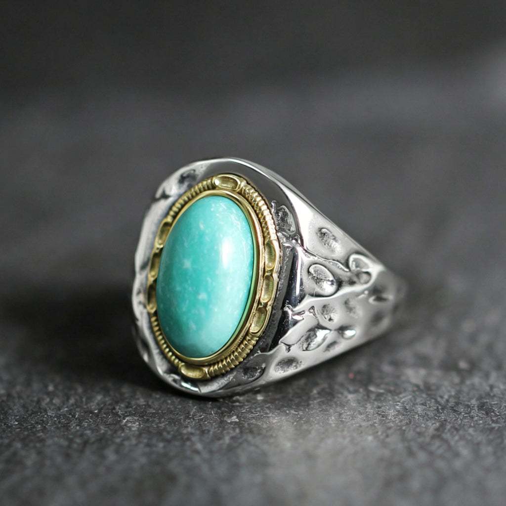 Natural Turquoise with Rustic Copper Accent Setting 925 Sterling Silver Ring
