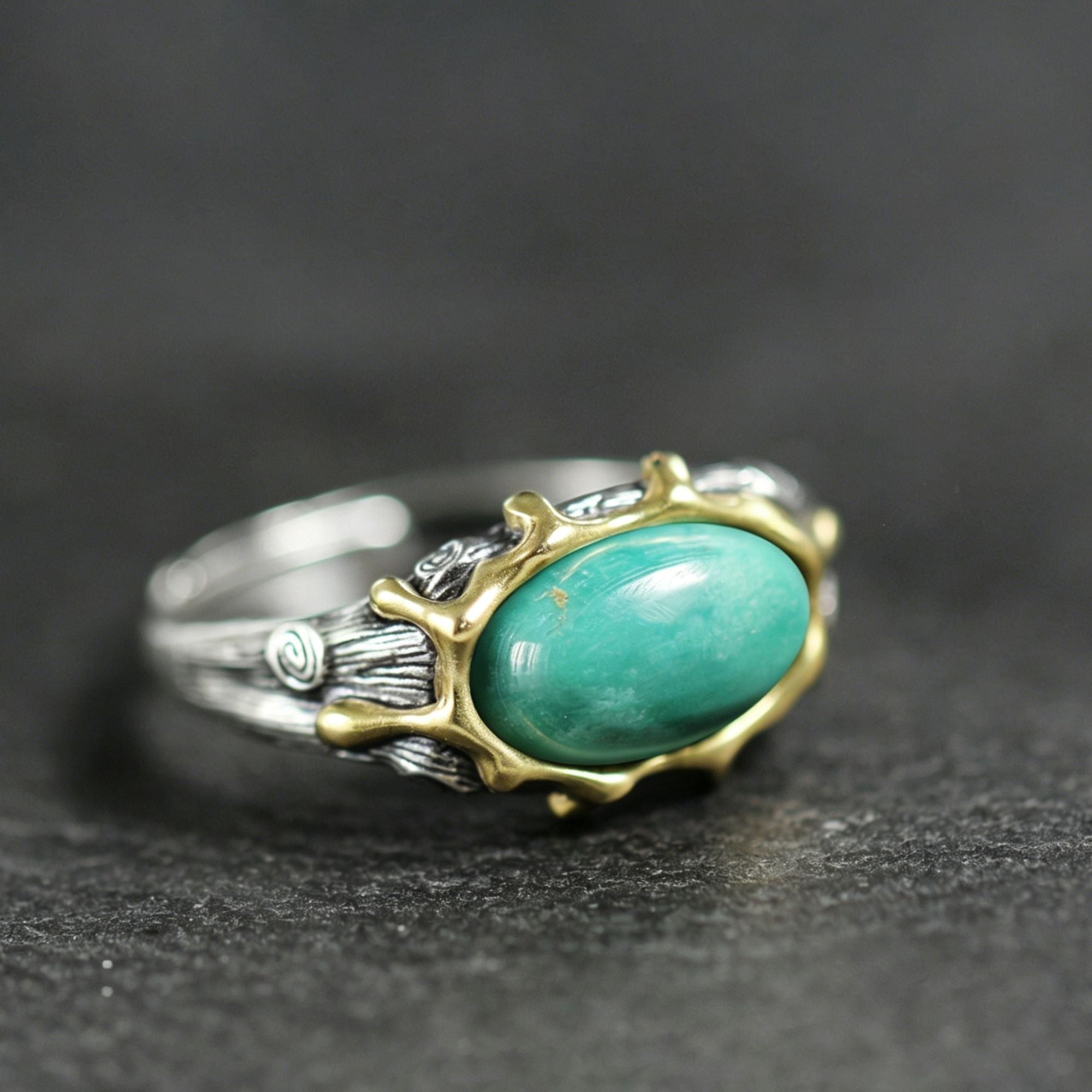 Oval Turquoise with Copper Twig Crown Setting 925 Sterling Silver Ring
