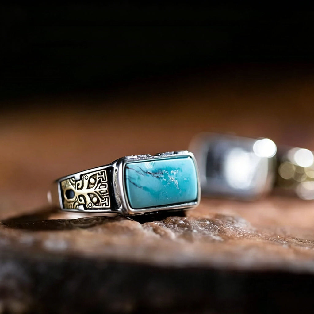Rectangular Turquoise with Copper Totem Engraved Setting 925 Sterling Silver Ring