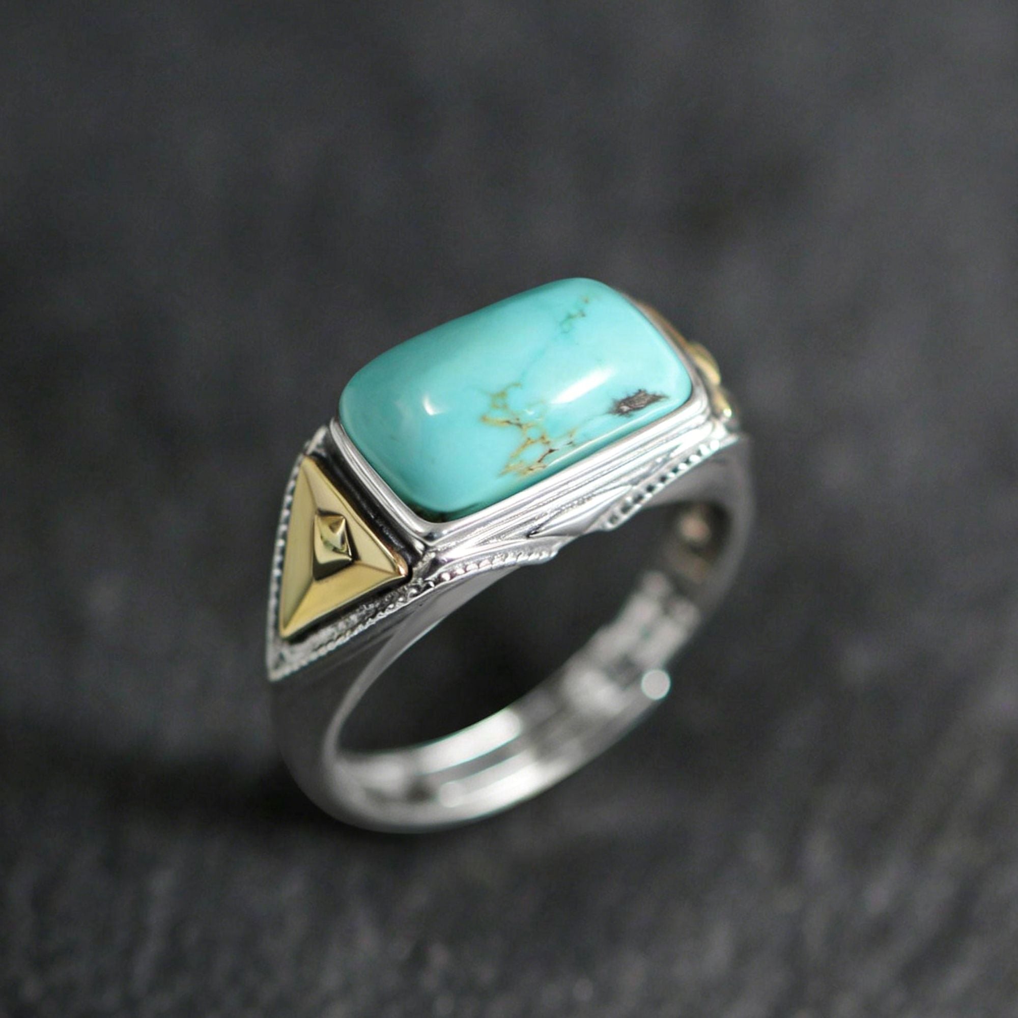 925 Sterling Silver Ring with Geometric Copper Accent Turquoise Signet Ring