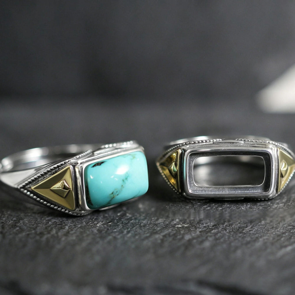 925 Sterling Silver Ring with Geometric Copper Accent Turquoise Signet Ring