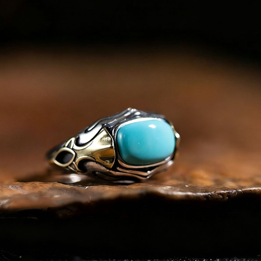 Antiqued Gothic Flame Turquoise Statement 925 Sterling Silver Ring