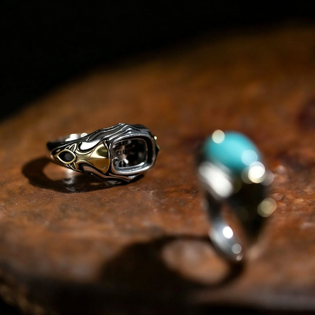 Antiqued Gothic Flame Turquoise Statement 925 Sterling Silver Ring