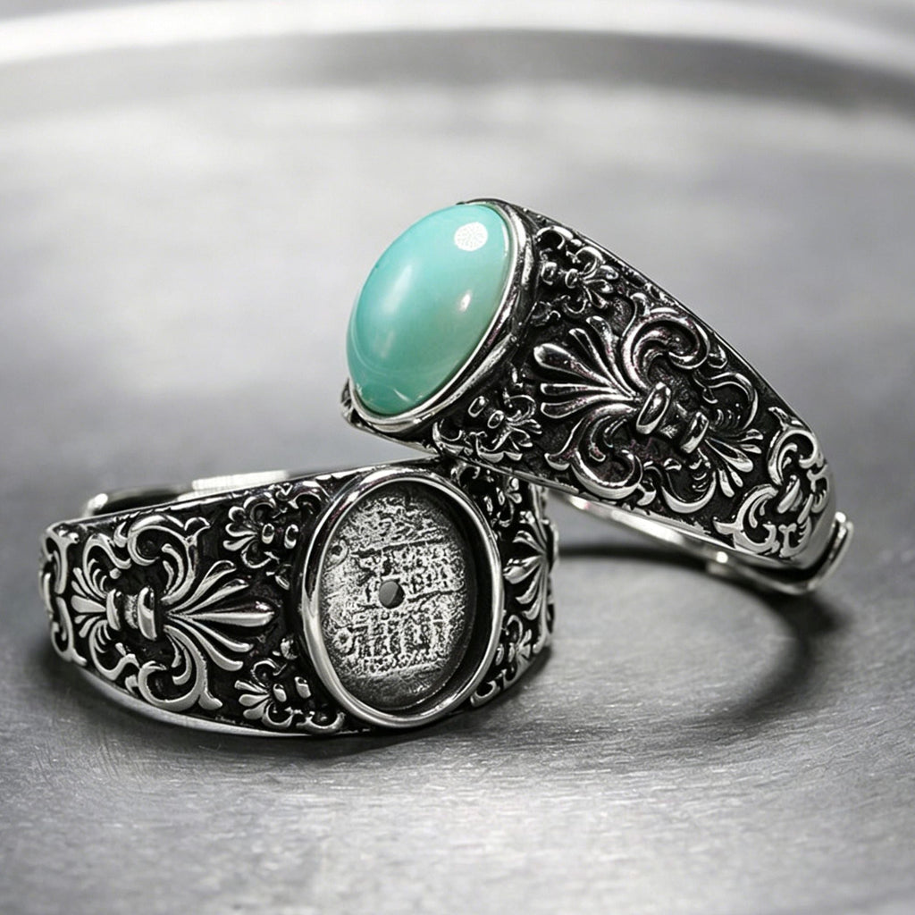 Ornate Scrollwork Turquoise Signet Ring 925 Sterling Silver Ring