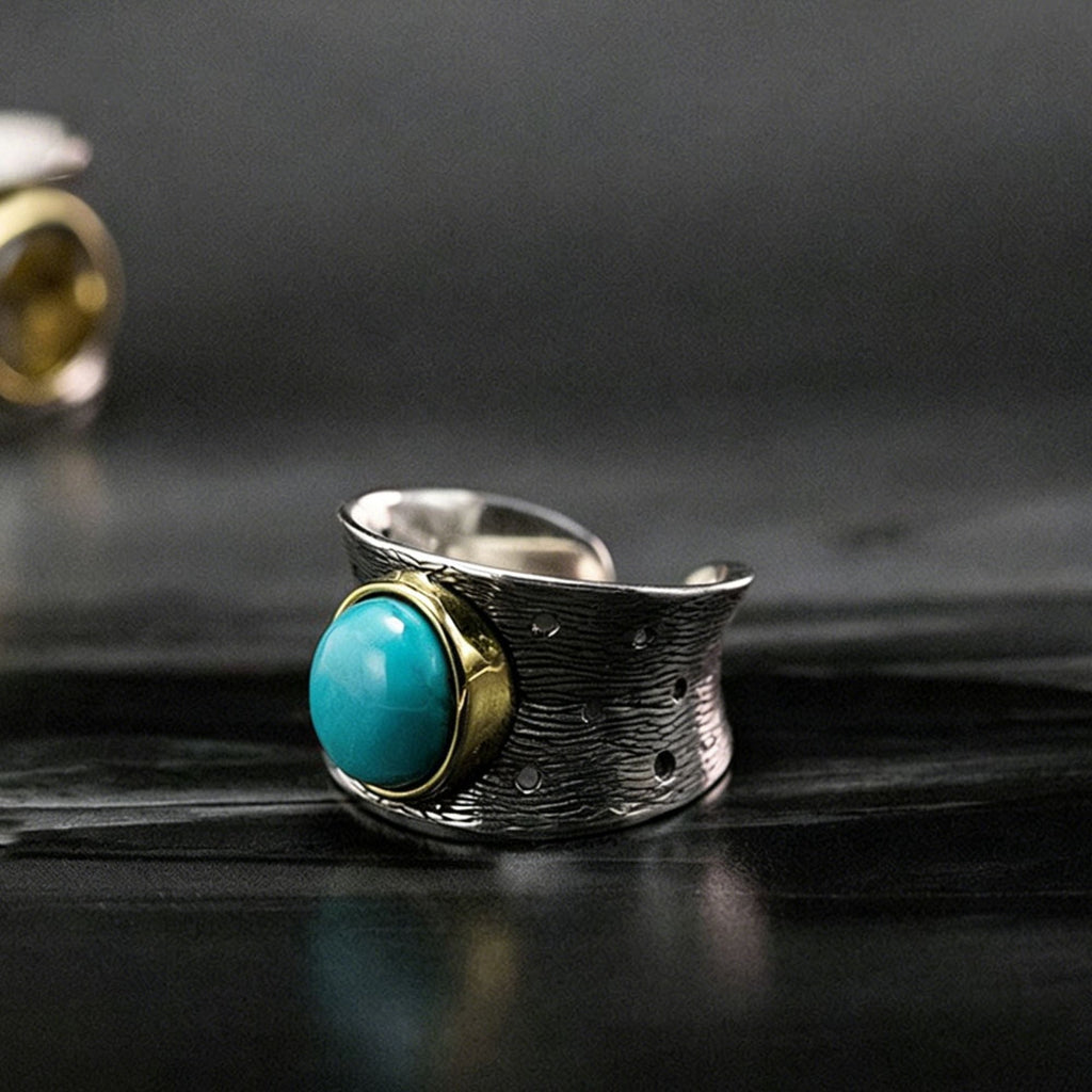 Oval Turquoise with Bark Texture 925 Sterling Silver Ring