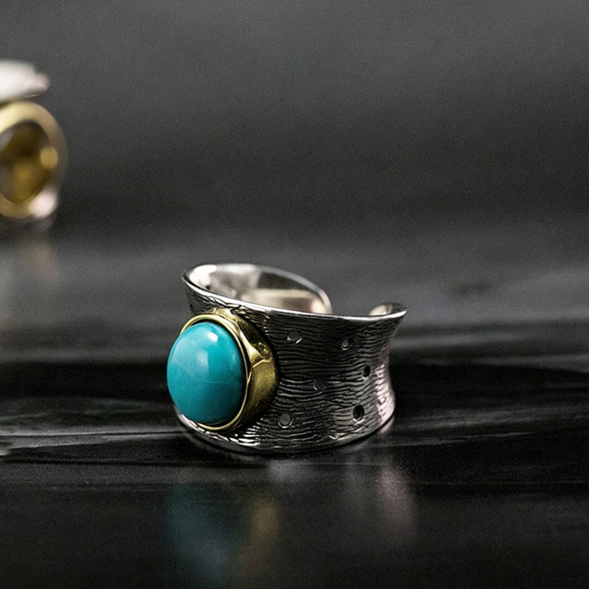 Oval Turquoise with Bark Texture 925 Sterling Silver Ring