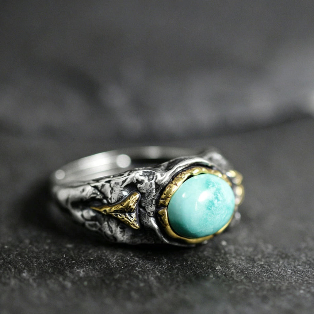 925 Sterling Silver Retro Textured Turquoise Ring