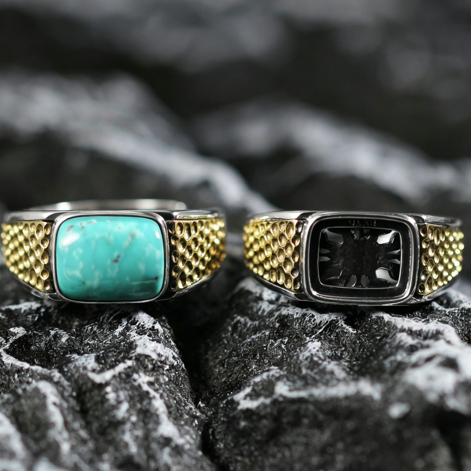 Hammered Brass Turquoise Band 925 Sterling Silver