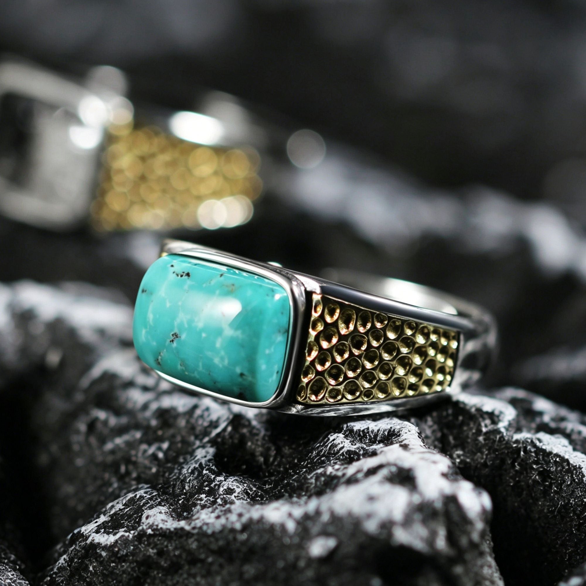 Hammered Brass Turquoise Band 925 Sterling Silver