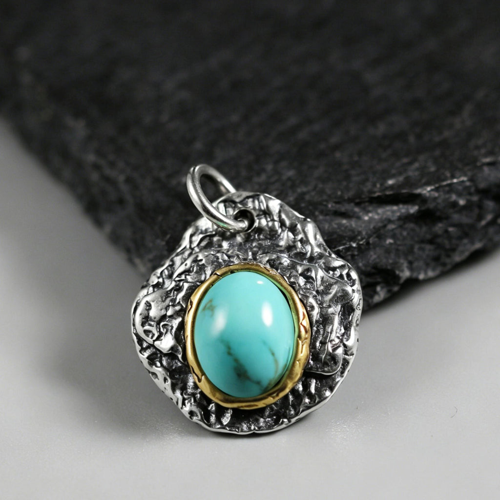 925 Sterling Silver Antiqued Hammered Turquoise Pendant