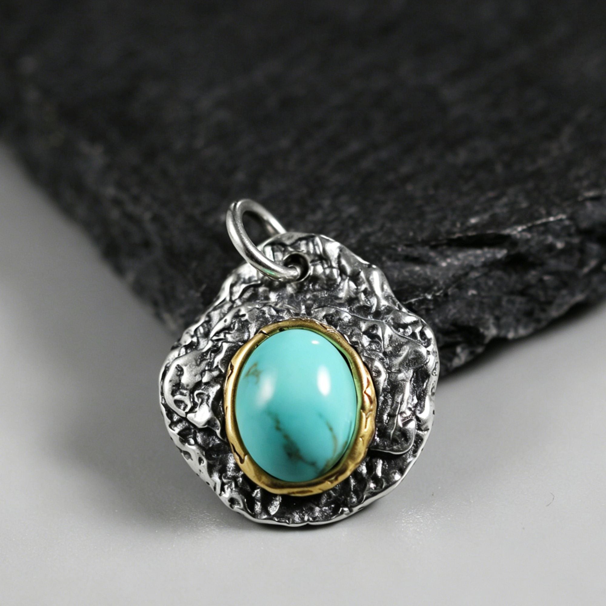 925 Sterling Silver Antiqued Hammered Turquoise Pendant