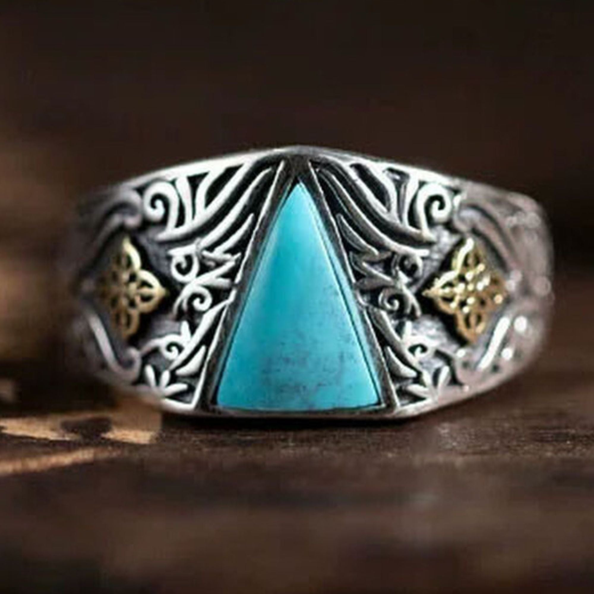 Floral Accent Two-Tone Turquoise Band 925 Sterling Silver Ring