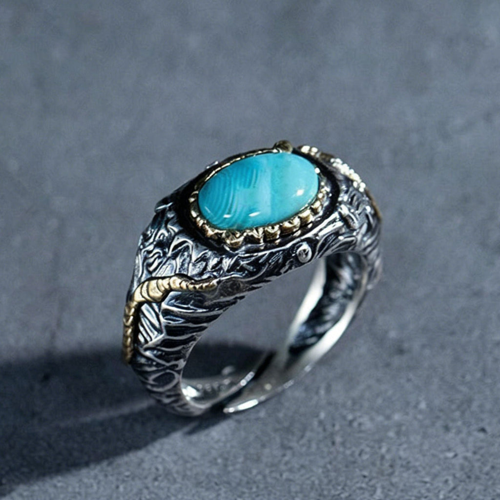 Vintage Engraved Turquoise Open Ring 925 Sterling Silver