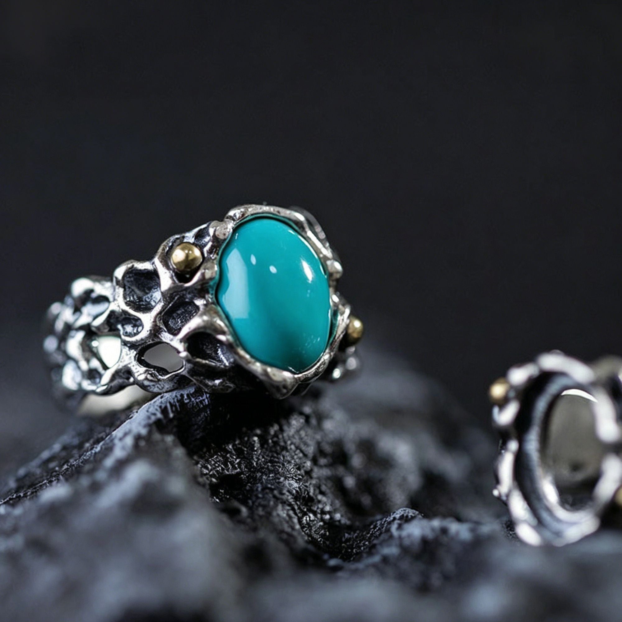 925 Sterling Silver Irregular Hollow Turquoise Statement Ring