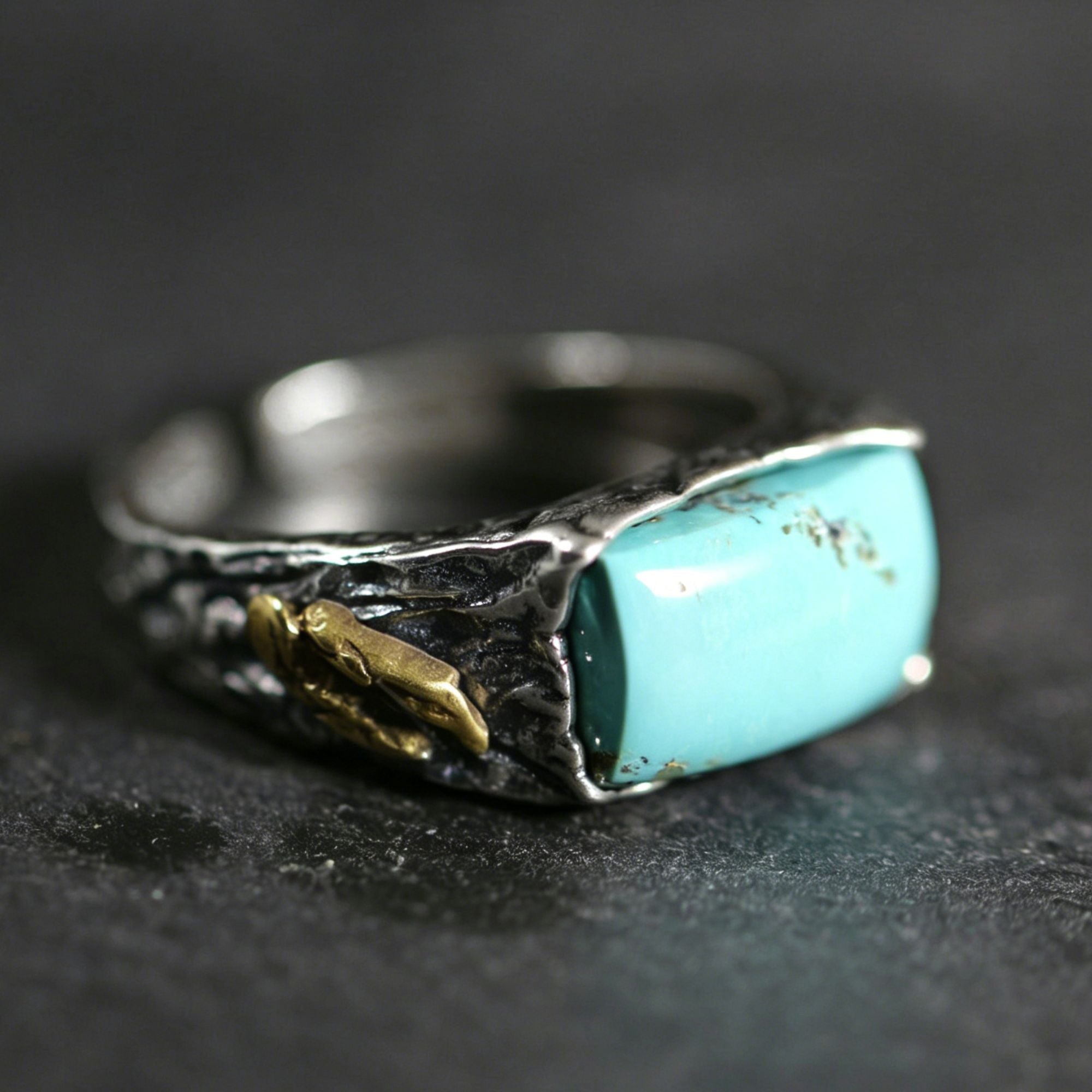 925 Sterling Silver Brass Accent Bark Texture Turquoise Ring