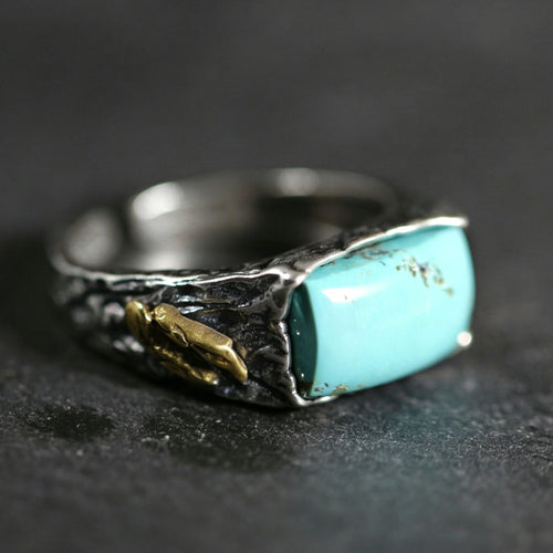 925 Sterling Silver Brass Accent Bark Texture Turquoise Ring