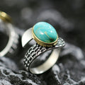 Brass Bezel Adjustable Turquoise Ring 925 Sterling Silver